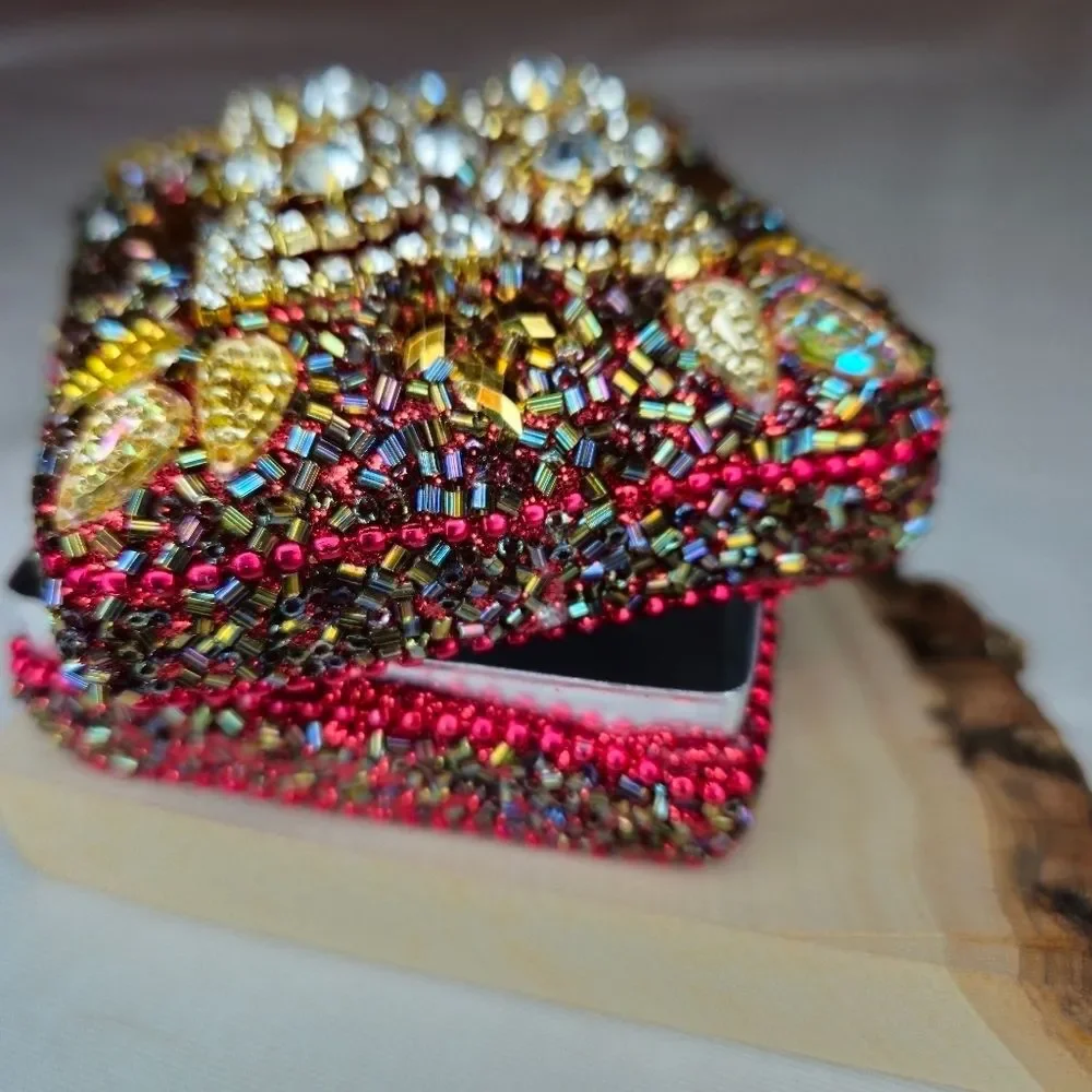 Vintage Artisan Handmade Rhinestone & Bead Trinket Box 80s-90s Made In India EUC